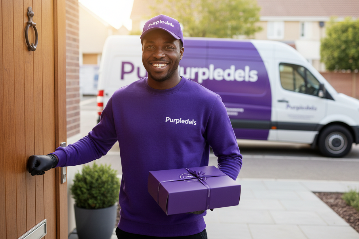 Image of a covered pastery subcription box, carried with one hand by a smilling delievry man with a hat and a delievery van behind him