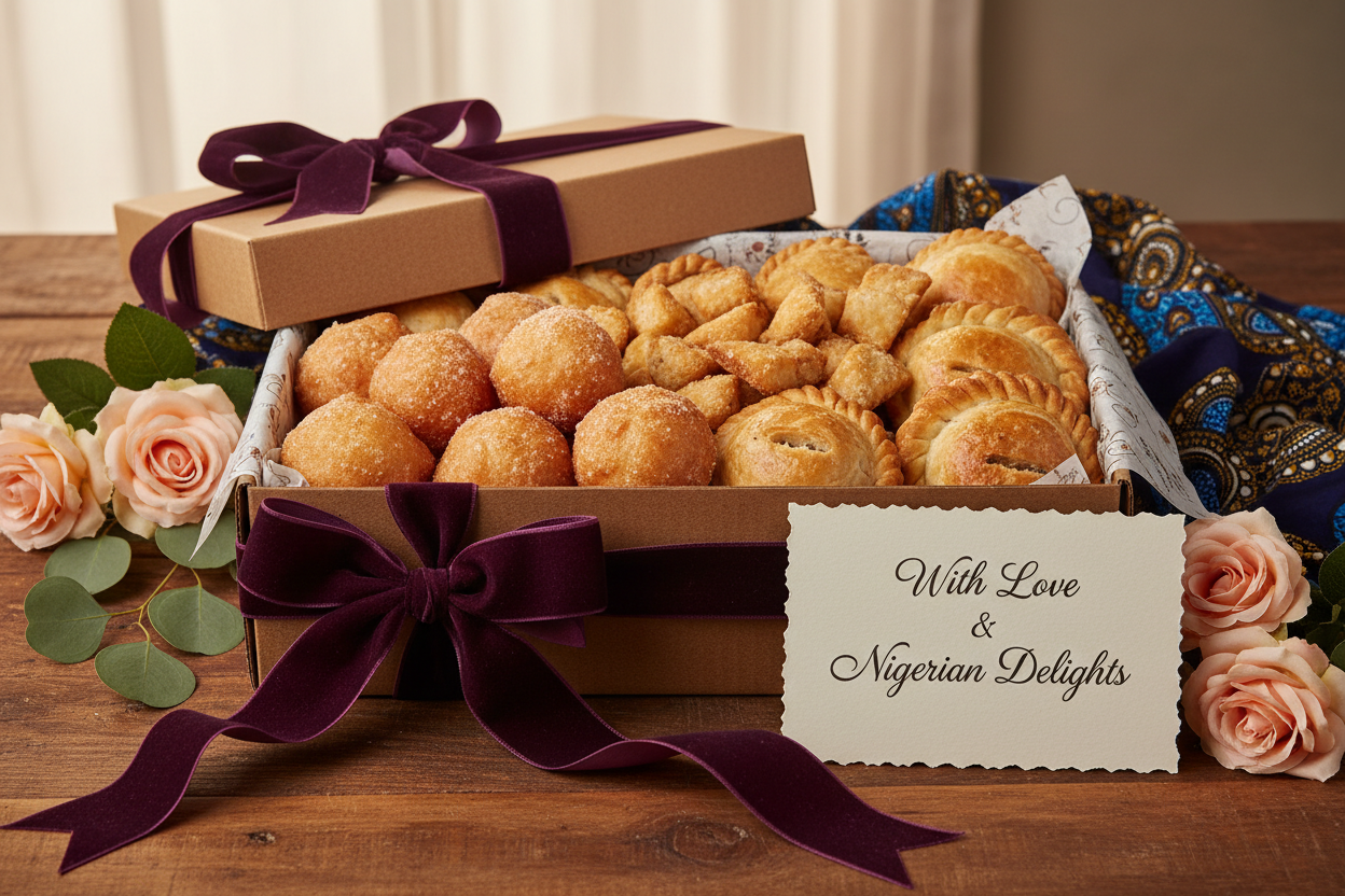 Fresh Nigerian snacks suchs as meat pie and puff puff baked in the UK