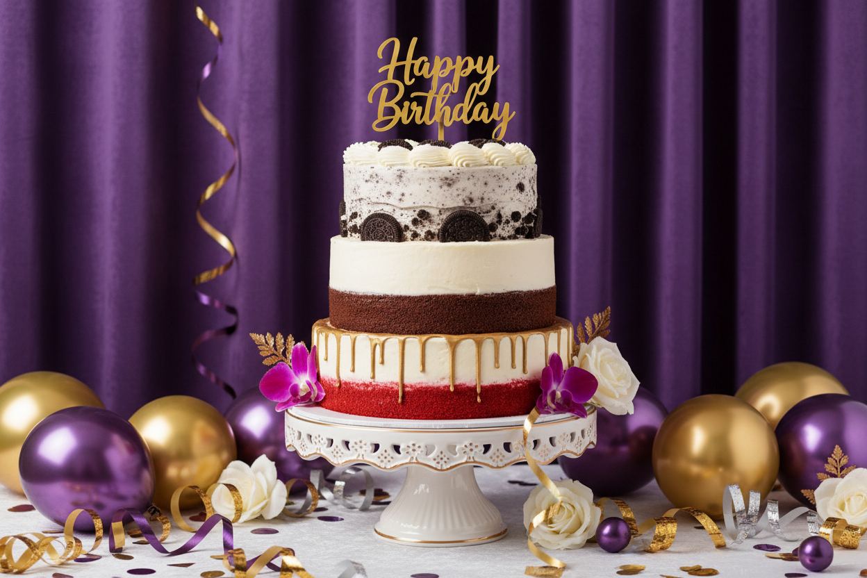 3 tiers of vanilla, redvelvet, chocolate, cookies and cream frosted cake with an acrylic happy birthday topperbirthday cake